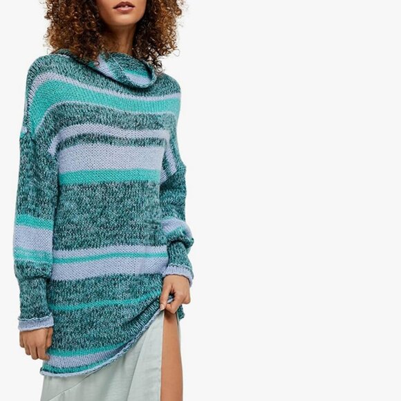 FREE PEOPLE Striped Wool Knit Blend Slouchy Cowl Neck Tunic/Sweater - Picture 3 of 12